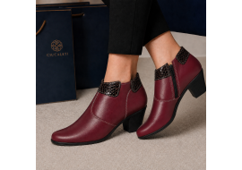 Botine damă grena din piele naturală, cu toc gros și inserții maro lăcuite – elegante și office MV4GRN